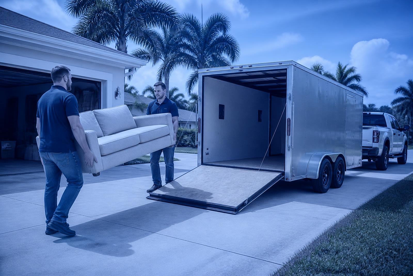 Clear-A-Way crew in navy shirts carrying an old couch out of a garage to a clean, professional trailer in Brevard County, Florida